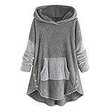 Lazzboy Winterjacken Frauen Fleece Patchwork Plüsch Knopf Saum Plus Size Hoodie Top Pullover Bluse Damen Fleecemantel Warme Button Mantel Plüschjacke Kapuzenpullover(Grau,4XL)