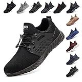 Sicherheitsschuhe Herren Leicht Arbeitsschuhe Damen Stahlkappe Schutz Atmungsaktiv Turnschuhe Mesh Wandern Sportlich Sneaker Schwarz Blau Grau Grün 36-48 EU Schwarz 45
