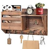 ANVAVA Wandorganizer mit Ablage aus Holz, Wand Schlüsselbrett mit 3 Doppelhaken & 3 Einzelhaken, Zeitschriftenhalter Vintage mit Regal für Schlüsseln Briefen Prospekten Mag