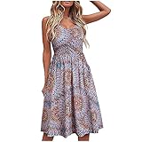 Routinfly Damen Sommerkleider Maxi, Frauen Casual V-Ausschnitt Bedrucktes Kleid Falten Spaghetti Steap Langes Kleid Strandk