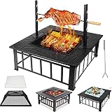 Buycitky Outdoor Feuerstelle Tisch BBQ Grill, Garten Feuerstelle Feuerschale Holzkohle & Holzofen, 3 in 1 Metall-Feuerschale, große Feuerstellen mit Netzabdeckung, Schürhaken & Aufrechter R