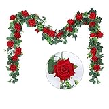 Hobyhoon 3 STK. 27 Köpfe Künstliche Rosengirlande Seidensamt Blumen Reben Gefälschte Hängende Efeupflanze für Hochzeitsfeier Home Wall Garden Dekorationen (Red-3pcs)