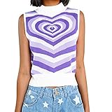 Damen Tie Dye Strick Crop Tank Top Y2k Gerippte Strickweste Herz Spiral Print Vintage Schlank Ärmellos Strick Top Ästhetische Pullover Weste Streetwear (Lila, L)