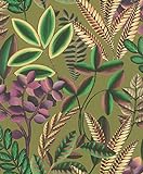 Rasch Tapete 485578 - Vliestapete mit Pflanzen und Blättern in Grün und Lila auf grünem Hintergrund aus der Kollektion Florentine III - 10,05m x 0,53m (LxB)