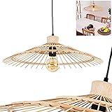 Pendelleuchte Castries, Hängelampe aus Metall/Rattan in Schwarz/Naturfarben, 1-flammig, 1xE27 max. 40 Watt, Vintage Hängeleuchte m. Textilkabel u. rundem Schirm aus Bambus im Boho-Style, LED geeig