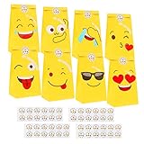 Herefun Partytüten Candy Tüten, 48 Stück Emoji Papiertüten, Kindergeburtstag Emojis Tüten mit 48 Aufklebern Kleine, Papiertüten Papiertasche für Babyparty Burtstag H