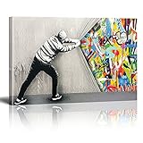 Banksy Bilder auf Leinwand Hinter dem Vorhang Graffiti Street Art Wand Bild Pop Art Gemälde Kunstdruck Modern Wandbilder XXL Wanddekoration (Mit Rahmen, 40x30cm)