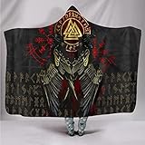 YABEME Nordischer Wikinger-Kapuzenjacke Umhang, Sherpa Odin's Raven Crow Valknut Celtic Tattoo Muster, Flanellfutter Super Soft Cozy Home Freizeit,60″ x 45″