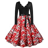 V-Ausschnitt Weihnachtskleider Frauen Vintage Kleid Lange äRmel 60Er Rockabilly LangäRmeliges Kleid Abendkleid Faltenrock Damen Knielang Midi Swing Freizeit Cocktailk