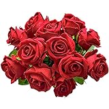 Aisamco 12 Stück Künstlich Rose Seidenblumenblüte Brautstrauß Künstliche Rosen mit Stielen für   Zuhause Hochzeitsdekoration (Leuchtend rot)