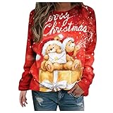 Lomelomme Damen Weihnachts Hoodie Baumwolle Weihnachtspulli Weihnachts Hoodie Lustige Pullover mit Weihnachtsbaum-Print Oversize Grobstrick Rot Hässlicher Strickpullover Patchwork Weihnachts T