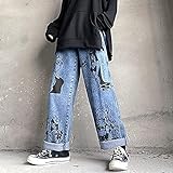 Washed Jeans Frauen Harajuku Anime Print Baggy Herren Jeans Streetwear Baumwolljeans Fashion y2k Man Jeans Lose Weite Hosen-Blau_XL