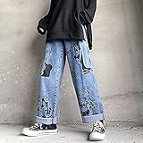 Washed Jeans Frauen Harajuku Anime Print Baggy Herren Jeans Streetwear Baumwolljeans Fashion y2k Man Jeans Lose Weite Hosen-Blau_XL