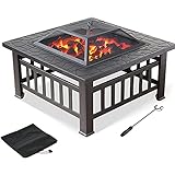 H-BEI 32In Outdoor Feuerstelle Metall Quadratische Feuerstelle Terrassenofen Holzbefeuerter BBQ Grill Feuerschale mit Funkenschutzabdeckung, Pok