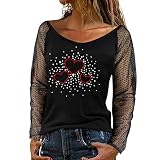 Frauen Leichte Pullover Sexy Langarm Top Strass Net Garn Design O Neck Top Herbst Winter Freizeitkleidung Strap Shirt Bluse Für T-Shirt Party Rundhals Locker Lässige Langarmshirts Große Größ