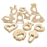 RUBY 12 Stück Holzfiguren Bio Baby DIY Hängekit Zubehör Baby Holztiere Beißring Holz Tiere Kinder Beißring Holzring Holzbeissring Rassel Wooden Teether für Kleinkinder (Los 3)…