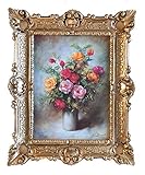 Lnxp Wunderschönes Gemälde Stillleben 56x46 cm Bilder Barock Antik Repro Rahmen Blumen Vase Rose Rot Blumenp