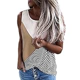 Tank Top Damen Bluse Mode Bequem Sommer Rundhals Spleißen Damen T-Shirt Exquisites Farbkontrast Streifen Druck Ärmellos Design Täglich Lässige All-Match Damen Hemd B-Khaki L