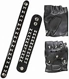 Widmann 7126K - Biker Set, Handschuhe, Armbänder, Halsband, mit Nieten, schwarz, Rocker Outfit, Accessoire, Kostümzubehör, Mottoparty,