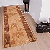 TAPISO Anti Rutsch Teppich Läufer rutschfest Brücke Meterware Modern Braun Beige Hellbraun Vierecke Floral Design Flur Küche Wohnzimmer 67 x 200