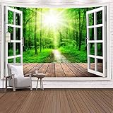 3D Fenster Grüner Baum Wald Tapisserie Wandhalterung Sonnenschein Wandtuch Tapisserie Wanddecke Psychedelische Tapisserie A1 150x200