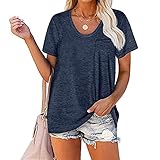 Qtinghua Damen-T-Shirt mit Tasche, kurzärmelig, Rundhalsausschnitt, einfarbig, modisch, leger. Gr. X-Large, dunkelb