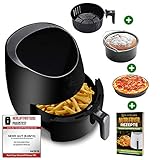 NUTRI-FRYER 5.0L Heißluftfritteuse XXL [2000W] Power Airfryer Groß - Filter Cool Touch, Digital Touchscreen Timer | Pommes Fritteuse ohne Fett & Öl | Pizzablech + Barrel + Rezeptbuch (Schwarz)