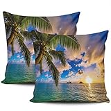 Kissenbezug 40x40 cm, Schöner Sonnenaufgang in Hawaii mit Palmen Polyester Kissenbezug 2 Stück Kissenbezüge mit Verstecktem Reißverschluss Dekorative Kissenhü