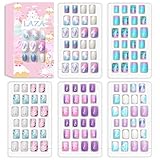 Laza 120pcs Children Nails Press On Pre-glue Full Cover Nail Tips Kit Glitter Gradient Color Rainbow Short Artificial False Nail Kits Lovely Christmas Gift for Children Kids Girls - S