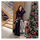 NMJKH New Spring Elegant Gestrickt Patchwork Plissee Midi Kleid Frauen Langarm Retro Runway Printing Chic Kleider (Color : Blue, Size : Medium)