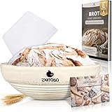 Exitoso® Gärkörbchen rund (Ø 25 cm) mit E-Book Rezept und Anleitung - Der Peddigrohr Gärkorb für 1 Kg Teig - Banneton Brotbackform mit Leinentuch + Teigschaber - Set zum Brot backen - Brotaufbewahrung