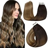 LaaVoo 22 Zoll/55cm Remy Echthaar Tape Unsichtbar Haarverlangerung mit Band Seamless Skin Weft Dunkelstes Braun Balayage Mittel Braun Ombre Hell Goldbraun 50GR/20PC #2/6/12