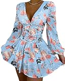 ticticlily Damen Kleid Minikleid Hemdkleid Elegant Blusenkleid V-Ausschnitt Langarm Herbst Tunika Kleider Blumenmuster Kleider A Hellblau XL
