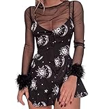 Gothic Kleidung Damen Kleid Sexy Street Gothic Punk Schwarzes ärmelloses Figurbetontes Minikleid mit Sonne Mond Stern Print Sling