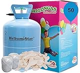 Helium Ballongas Set: 50 weiße Herzluftballons Ø 25cm + Polyband, HeliumStar® Einwegflasche XXL Helium Gas für bis zu 50 Ballons EINWEG