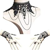 Daimay Gotisch Choker Halskette Armbänder Schmuck 3 PCS Halsband Ketten Victorian Steampunk Retro Zahnräder Spitze Vampir Slave Armband für Halloween Ostern Lolita Spitze Schwarz Geschenk