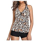 luoluoluo Damen Tankini Set Sexy Push Up V-Ausschnitt Swimwear Bikini Badeanzug Retro Bedruckte Hoher Taille Bademode Zweiteiliger Sw