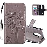 COTDINFOR LG Leon H340N C40 Hülle für Mädchen Elegant Retro Premium PU Lederhülle Handy Tasche mit Magnet Standfunktion Schutz Etui für LG Leon 4G LTE H340N C40 C50 Gray Wishing Tree with Diamond KT