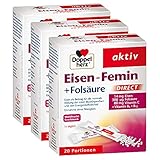 Doppelherz Eisen-Femin Direct mit Vitamin C + B6 + B12 + Folsäure – 14 mg Eisen für die normale Bildung von roten Blutkörperchen – 3 x 20 Portionen M