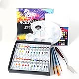 Acrylfarben Set, 24 Acryl Farben mit 3 Pinsel, 1 Zeichenbrett, 1 Schaber, 1 Palette, Leuchtende Pigmente Passend für Professionelle Künstler Anfäng
