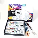 Acrylfarben Set, 24 Acryl Farben mit 3 Pinsel, 1 Zeichenbrett, 1 Schaber, 1 Palette, Leuchtende Pigmente Passend für Professionelle Künstler Anfäng