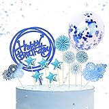 Cake Topper,13pcs Happy Birthday tortenstecker,Glitter Geburtstag Kuchen Topper,Geburtstagskuchen Deko,Happy Birthday Banner Girlande,Geburtstagsdeko,Tortendeko,Kuchendeko (A, Blau)