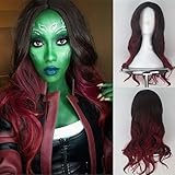 Blue Bird Cosplay-Perücke für Damen, „Guardians of the Galaxy“, Gamora, lang, gewellt, dunkler Haaransatz, Ombre, weinrote Perücke, Kostüm, Halloween, Anime, Cosplay, H