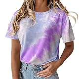 SEXOX Basic T-Shirt Tie Dye Sommer Damen Kurzarm Rundhals Farbverlauf Pastell Shirts Tunika Tops Große Größe Baumwolle Leinen Bleuse Oberteil Frauen Oversize Batik Lässig O