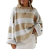 ONETIME Langarm Strickpullover Damen Herbst Casual Lose Langarm Strickpullover Streifendruck Oversized Sweatshirt Pullover Mit V-Ausschnitt Leichte LäSsiger Vintage Jumper Tops Oberteile W