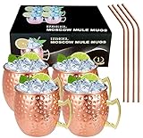 izdeel Moscow Mule Becher Set kupferbecher Cocktail Kupfer Gin Gläser, aus Lebensmittelechtem Edelstahl und Kupfer, zum Kaltes Getränk, Cocktail, Wein, Geschenk, mit 4 S