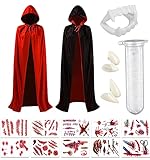 Hook Vampir Umhang Schwarz Rot mit Kapuze(80cm), Halloween Kostüm Teufel Kostüm Halloween Tod Kultfaktor Hexe für Herren or Damen, 30x Temporäre Tattoos, 4X Vamp