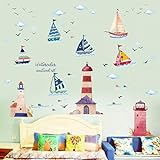 WandSticker4U®- XXL Wandtattoo SEGELBOOT + LEUCHTTURM I Wandbild: 250X190cm I Wandsticker Kinder Schiff Ozean Meer See Boot Fische Maritim Möwen Fliesenaufkleber I Deko Kinderzimmer Bad Jung