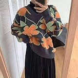PKYGXZ Damen V-Ausschnitt Strick Dicker Pullover Jacquard Langarm Loser Strickpullover Pullover Sweatshirt Tops Warme Weiche Oberbekleidung S