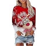 Weihnachten Sweatshirt Damen Pullover Rundhals Langarmshirt Rotnasiger Elch Bedrucktes Weihnachtspullover Oberteil Tops Herbst Freizeit T-Shirts Bluse Casual Lose Christmas Elk Pulli Ob